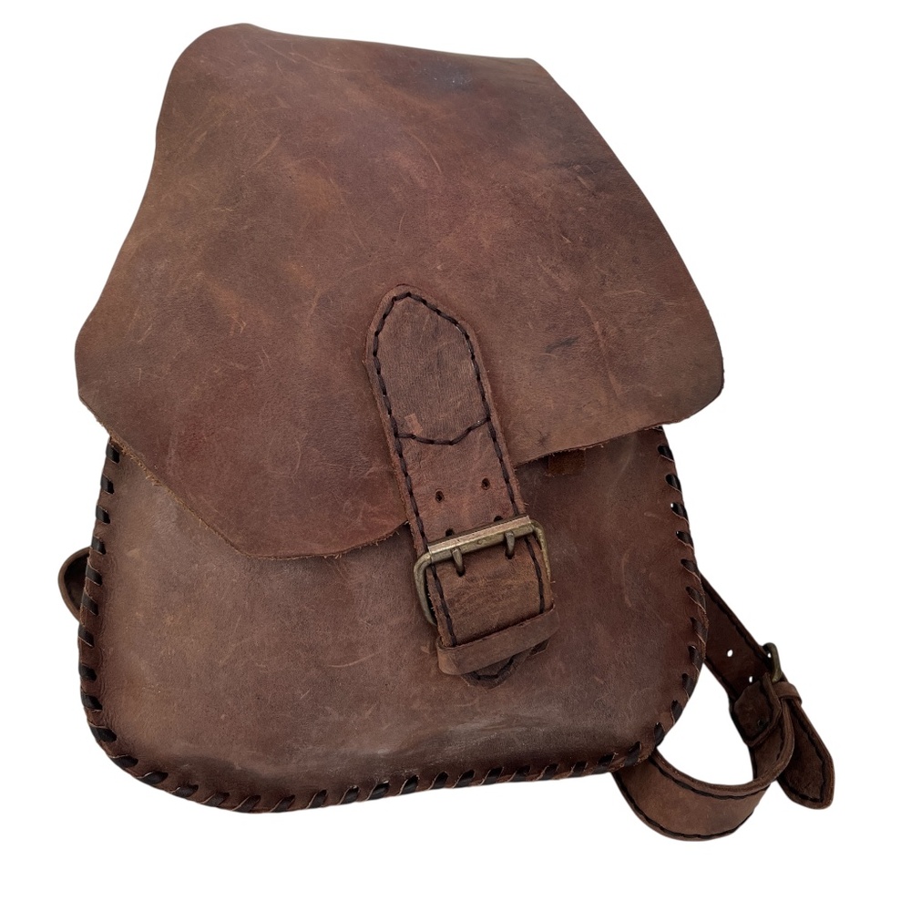 Chunky Thick Leather Backpack Distressed One Large Front Buckle Lace Stitching
